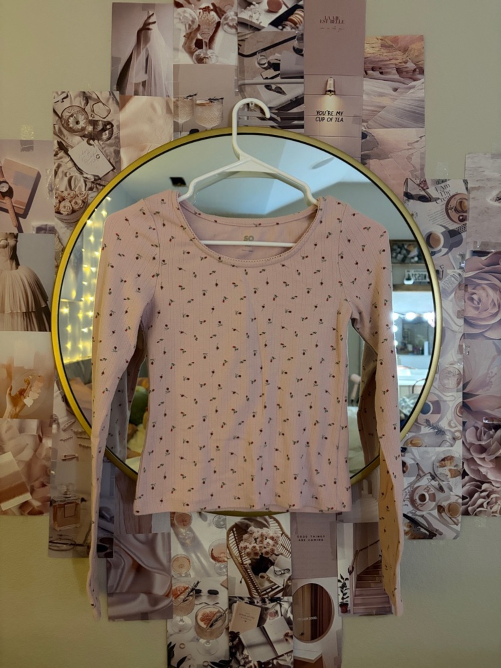 SO Long Sleeve Ribbed Tee in Light Pink with Small Floral Print